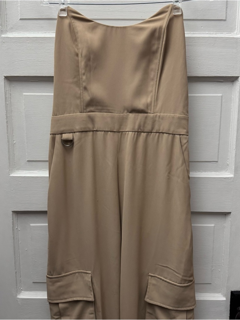Skylar Rose Beige Strapless Cargo Jumpsuit Wide Leg Utility M - Picture 3 of 14
